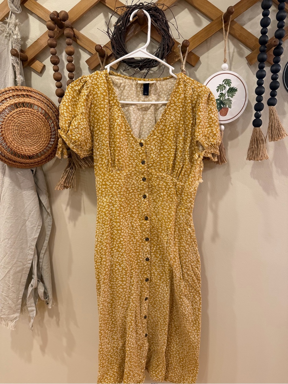 Universal Thread Mustard Yellow Floral Midi Dress with Buttons